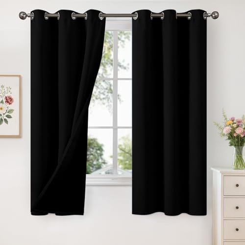 Image of YoungsTex Black 100% Blackout Curtains 63 Inches Long for Bedroom, Room Darkening Window Drapes with Thermal Insulated Liner Grommet Energy Saving for Living Room, 2 Panels, 42 X 63 Inch