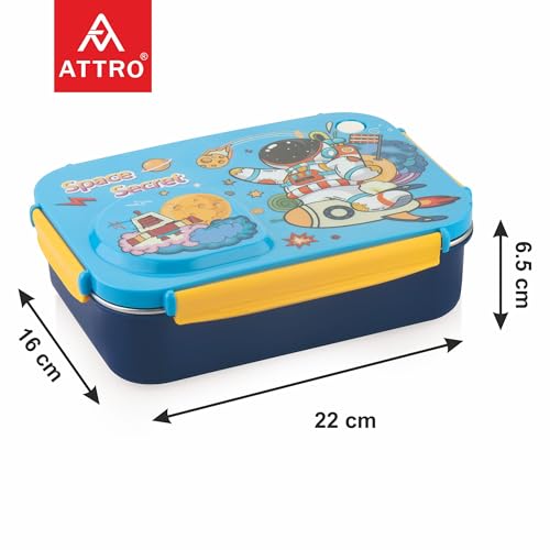 Image of ATTRO School Bite Stainless Steel Lunch Box - 3 Compartment Bento Tiffin, Leak-Proof & Durable, Ideal for Kids, School, Picnic- 750ml+150ml, Blue- Space Theme