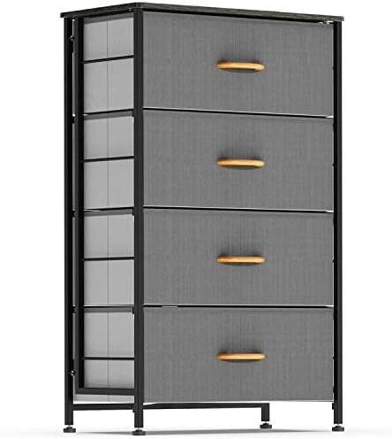DHMAKER Fabric Dresser for Bedroom, Vertical Dresser Storage Tower, Steel Frame, Wood Top, Easy Pull Textured Fabric Bins, Organizer Unit for Bedroom, Hallway, Entryway, Closets, 4 Drawers, Charcoal