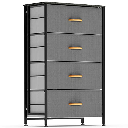 Dhmaker Fabric Dresser For Bedroom, Vertical Dresser Storage Tower, Steel Frame, Wood Top, Easy Pull Textured Fabric Bins, Organizer Unit For Bedroom, Hallway, Entryway, Closets, 4 Drawers, Charcoal #TOP20