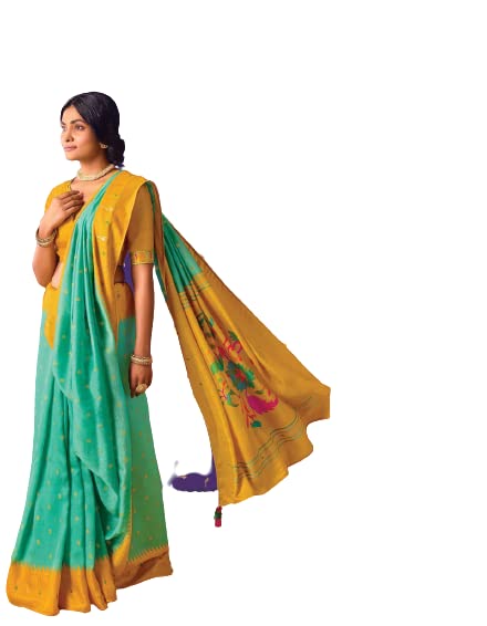 THATH BANARAS Women Paithani And Brasso Silk Printed Saree with Designer Blouse Piece (Color:-Blue & Yellow)