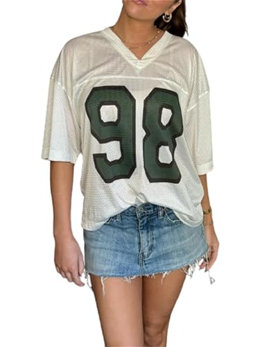 Fiacafyo Women's Number Graphic T-Shirt V Neck Short Sleeve Oversized Loose Summer Tops Aesthetic Y2k Jersey Tops Streetwear (A-Ivory, L)