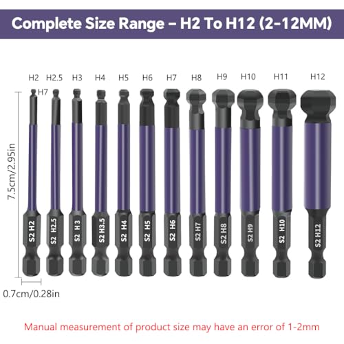 Image of Serplex 12Pcs Ball End Hex Screwdriver Bit Set H2-H12, S2 Steel 1 /4'' Hex Shank Magnetic Hex Bits Set, 2-12mm Allen Key Drill Bits with 25 Angled Ball Tip for Furniture Assembly, Automotive Repair