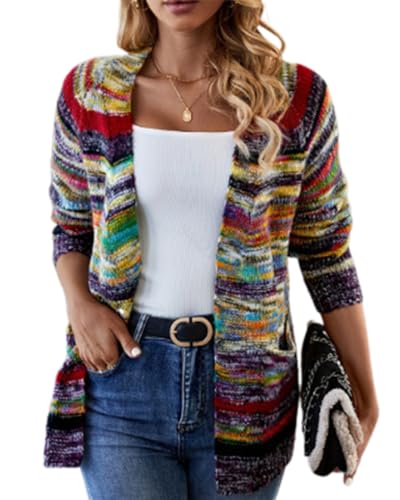 OSCORP Women's Boho Rainbow Striped Cardigan Sweater Lightweight Cozy Outerwear Coats Knit Jacket Fall Winter Fashion