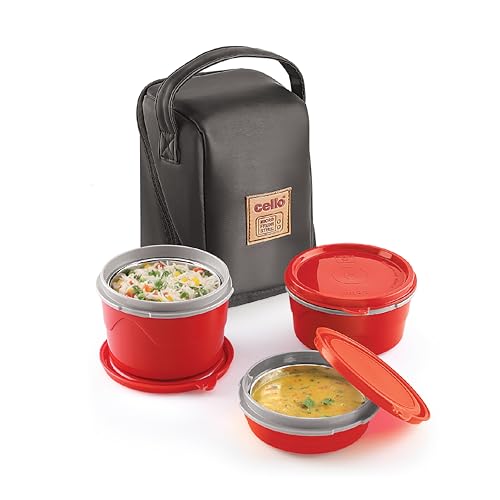 Image of CELLO MF Micro Insulated Lunch Box | Stainless Steel Inner | 3 Container with Leather Carry Pouch | Lunch Pack for Office & School, College Use | 3 Units | Red