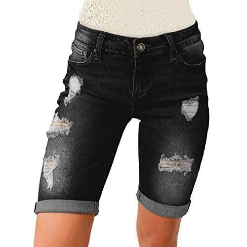 luvamia Women High Waisted Stretch Bermuda Shorts Ripped Rolled Hem Jean Shorts Large F Black Ink
