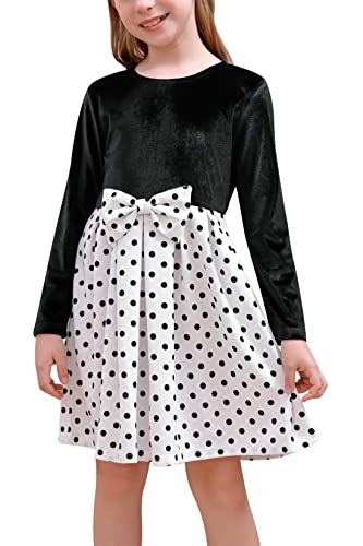 GORLYA Girls Long Sleeve Bowknot Velvet Patchwork Floral Print Dress with Pockets for 4-14T(GOR1137,12Y,White Dot)