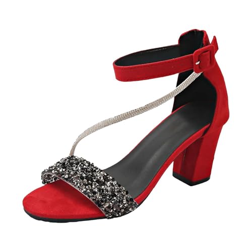 FGUUTYM Sommar kvinnor klack skor sandaler damer glitter strass sandaler med blockklack och dragkedja remsandaler klassiska eleganta bekväma sommarskor för klänningar fest, röd, 39 EU
