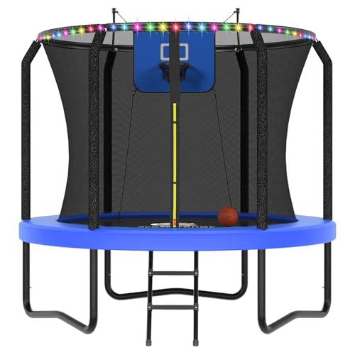 Image of ACWARM HOME Trampoline Outdoor 8FT 10FT 12FT 14FT 15FT 16FT Trampoline with Basketball Hoop and LED Lights, Recreational Trampolines for Kids and Adults with Enclosure Net & Ladder, ASTM Approved