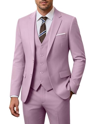 Image of Men's 3 Piece Slim Fit Suit Set, Two Button Blazer Solid Jacket Vest Pants Wedding Business Suit