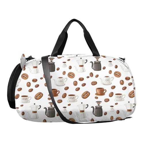 Duffle Bag for Boys or Girls with Shoes Compartment, Coffee Beans Cups Pattern Sports Travel Bag Overnight2