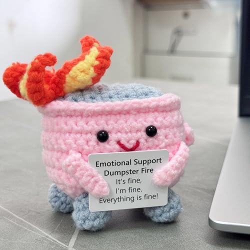 Image of RovyFota Handmade Crochet Dumpster Fire Plush - Stress Relief Amigurumi for Adults & Teens, Funny Desk Decor, Emotional Support Gift for Coworkers, College Students, Roommates (Pink)