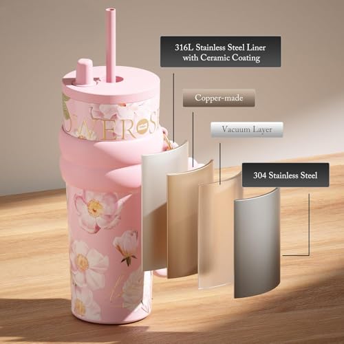 Image of Pink Stainless Steel Tumbler with Lid and Straw, Insulated Coffee Mug, Leak Proof, Portable Iced Travel Water Tumbler, Reusable Coffee Cup Gift for Women, Girls Ceramic Lined Tumbler