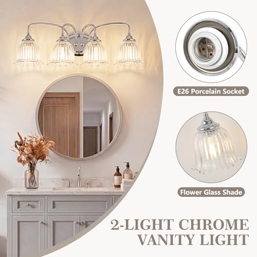 Image of Chrome 4-Light Bathroom Light Fixtures with Floral Glass Shade | Vintage Vanity Lights Wall Sconces Over Mirror for Bathroom Powder Room