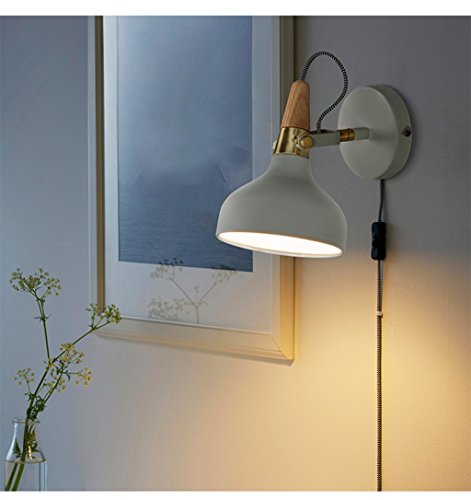 Hxlmy Reading Wall Sconces Plug Button Switch E14 Wall Lamp Metal + Wood Bedside Bedroom Living Room Wall Light (Color : White) #TOP2