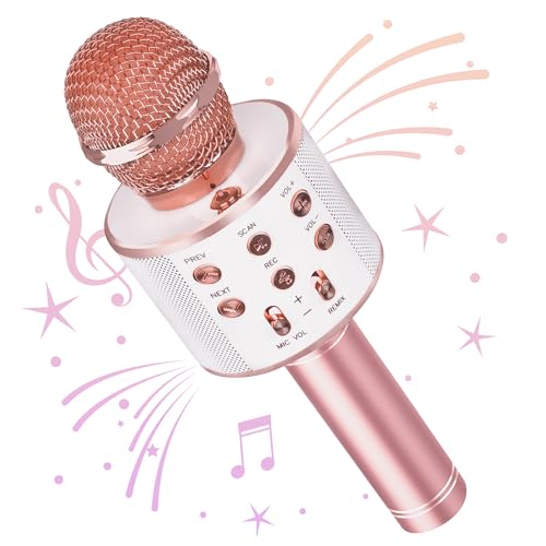 Wowstar Wireless Microphone, Karaoke Bluetooth Microphone for Kids Adults, Portable Toy Karaoke Mic Speaker Machine, Home KTV Player Support Android & iOS Devices Party Singing (Rose Gold) Bugle Brass