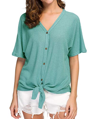 IWOLLENCE Womens Waffle Knit Tunic Blouse Tie Knot Short Sleeve Henley Tops Loose Fitting Bat Wing Shirts Blue Green, S - Thumbnail 2