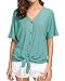 IWOLLENCE Womens Waffle Knit Tunic Blouse Tie Knot Short Sleeve Henley Tops Loose Fitting Bat Wing Shirts Blue Green, L