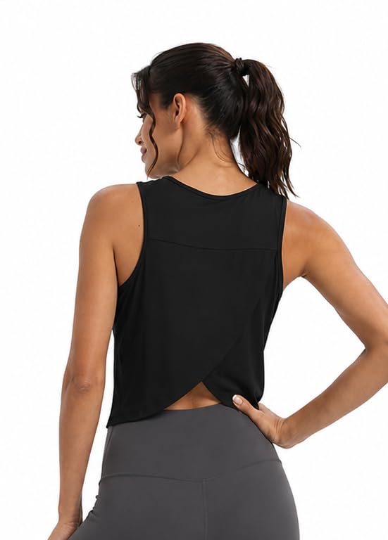 Image of Workout Tops for Women Cropped Open Back Sleeveless Tank Tops Athletic Gym Yoga Shirts Loose Fit