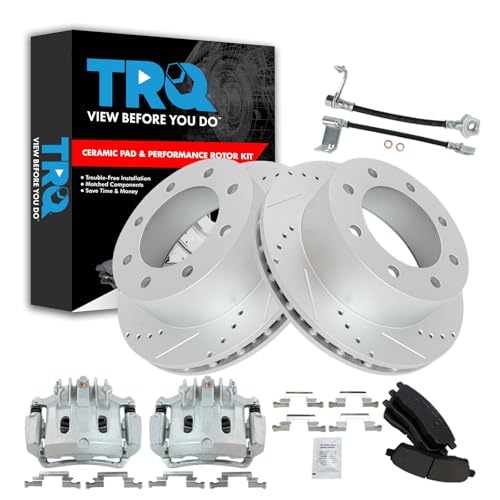 Image of TRQ Rear Brake Pad & Rotor Kit Slotted X Drilled Performance Ceramic Premium G-Coated Driver & Passenger Side Compatible with 2000-2005 Ford Excursion 2001 F-250 Super Duty 2000-2001 F-350 Super Duty