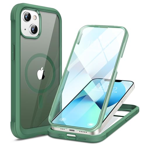 Miracase Magnetic Case for iPhone 13 mini Case 5.4-Inch, [Built-in 9H Tempered Glass Screen Protector] Full Body Bumper Clear Back Cover Compatible with MagSafe (Green)