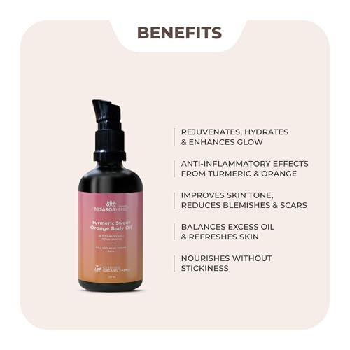 Image of SONARK'S NISARGA HERBS Turmeric & Sweet Orange Body Oil (100ml) - Rejuvenating & Hydrating Natural Moisturizer for Oily & Sensitive Skin - Promotes Even Tone, Collagen Support & Healthy Glow