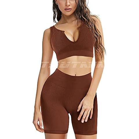 TSUTAYA Workout Sets for Women 2 Piece Ribbed Biker Shorts Seamless Gym Sports Bra Casual Summer Yoga Outfits, V Neck Gym Set Coffee, Medium Cover