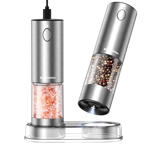Bonsenkitchen Rechargeable Electric Salt and Pepper Grinder Set, USB-C Fast Charging Automatic Pepper Mill with LED Light, 95ml Large Capacity Salt Sh