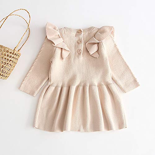 Imekis Toddler Baby Girls Knit Sweater Dress Crochet Ruffle Long Sleeve Top Swing Dresses Fall Winter Warm Outfits Autumn Princess Clothes For Kids # Apricot 18-24 Months #TOP2