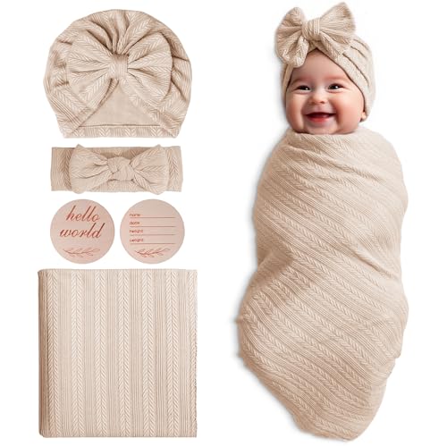 Image of Baby Swaddle Set Newborn - Receiving Headband Blankets and Bow Hat,Newborn Essentials, Soft Nursery Swaddling Blankets，Stretchy Baby Blankets for Girls and Boys Unisex(Light Brown)