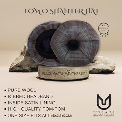 Image of Scottish Tam O' Shanter Hat Tartan Bonnet Pom Pom Wool Flat Cap One Size