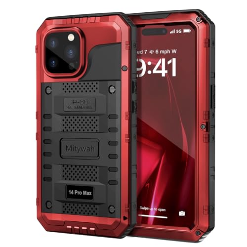 Mitywah Waterproof Case for iPhone 14 Pro Max Heavy Duty Shockproof Case with Built-in Screen Protector Full Body Underwater Protective Metal Case 6.7 inch Red