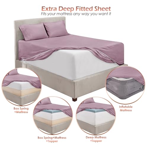 Image of Hearth & Harbor Extra Deep Pocket Sheet Sets, Luxury Soft 6 Piece Bed Sheet Set Fits Mattress 18-24 Inches - Twin, Dusty Purple