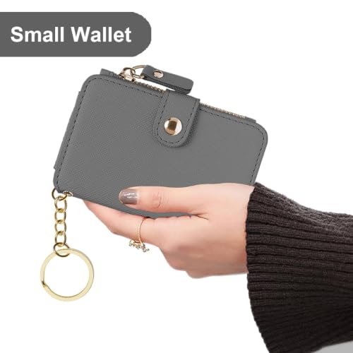 Image of M-Plateau RFID Blocking Slim Keychain Wallet for Women | PU Leather Keychain Pouch with ID Window & Zipper Pocket, Mini Credit Card Case for Daily Carry (Grey)