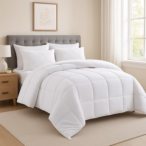 KRISHNA All Season Down Alternative Comforter Duvet Insert with Corner Loops, Ultra Soft Fluffy, Breathable, Box Stitched, Queen 90" x 92", White