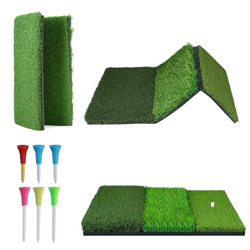 NEWCARE Golf Hitting Mat, 3-in-1 Foldable Grass Mat, Tri-Turf Practice Training Aid Batting Mat for...