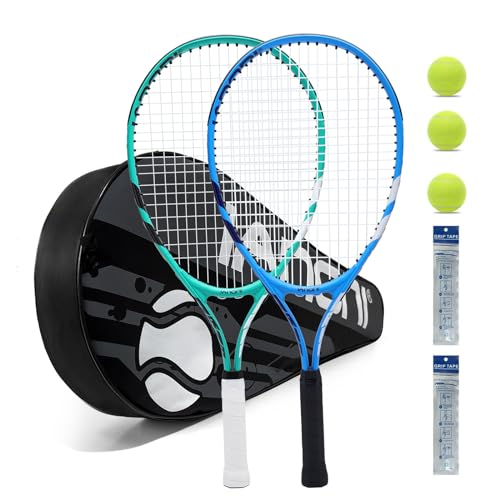 Tennis Racket for Kids 23'' Kid's Tennis Racquet Set of 2-2 Chird Tennis Rackets with 3 Balls,2 Grips,2 Vibration Dampers (Blue and Green)