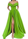 A-line Off The Shoulder Formal Dresses for Women Evening Long with Split, Corset Back Satin Prom Dress with Pockets Lime Green