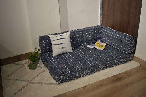 Image of ASHEVILLE Handcrafted Cotton Upholstery 2 Seater Sofa for Living Room Bedroom Home | No Wood Foldable Modular Sofa Set | Low Floor Seating Corner Cushion Sofa, 2 Person Lowseat (3 Pices, Indigo Blue)