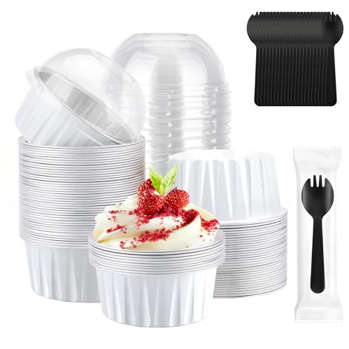 EUSOAR Disposable Ramekins with Sporks Individually Wrapped, 60pcs 5oz Mini Cake Pans with Lids and Plastic Sporks, Foil Creme Brulee Cupcake Ramekins Muffin Liners Baking Cups for Wedding Party Favor