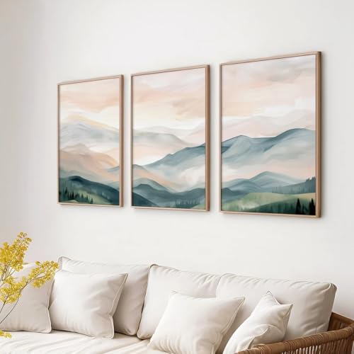Tableau sur toile paysage de montagne moderne deco murale triptyque vert beige gris pour chambre