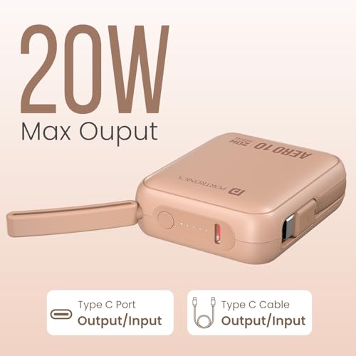 Image of Portronics Aero 10 10000 mAh 20W Fast Charging Mini Power Bank with Detachable Type C Cable, Type C PD Input /Output Port, LED Indicator, Wake Up Button, Strong Lanyard, Light Weight (Mocha)