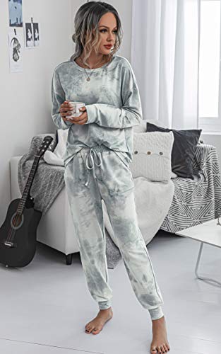 Spec4Y-Pyjama-Damen-Zweiteilige-Nachtwaesche-Tie-Dye-Druck-Langarm-Oberteil-Lang-Hose-Schlafanzug-Loungewear-mit-Taschen