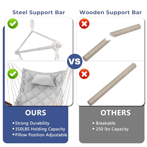 Image of Hammock Chair Hanging Swing with Wooden Armrest;Steel Spreader Bar,Pillows,Hardware kit Included;Cotton Woven Fabric;Up to 350 Lbs,for Indoor Light Grey