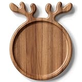 Dofira Acacia Wood Serving Platter, Christmas Decorative Reindeer Antler, 12'x10'Round Wooden Food Dish Display Plate, Charcuterie Board Tray for Cheese Fruit, Kitchen Gift for Housewarming (Gift Box)