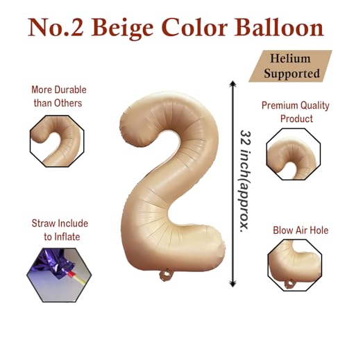 Image of Solid Beige 2 /two Number Foil Balloons 32 inch 2nd Birthday Party Decoration Helium Supported