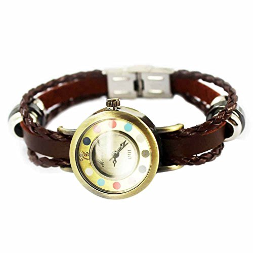 Mes-Bijoux-Bracelets Reloj de Pulsera Redondo Cuero Joya Reloj Mujer No Hay Números - Colores Juego de tejo Chocolate wz-M0013