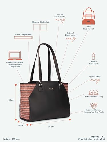 Image of ZOUK Printed Jute Handcrafted Vegan Leather Black Women's Check-point Friendly Classic Business Bag