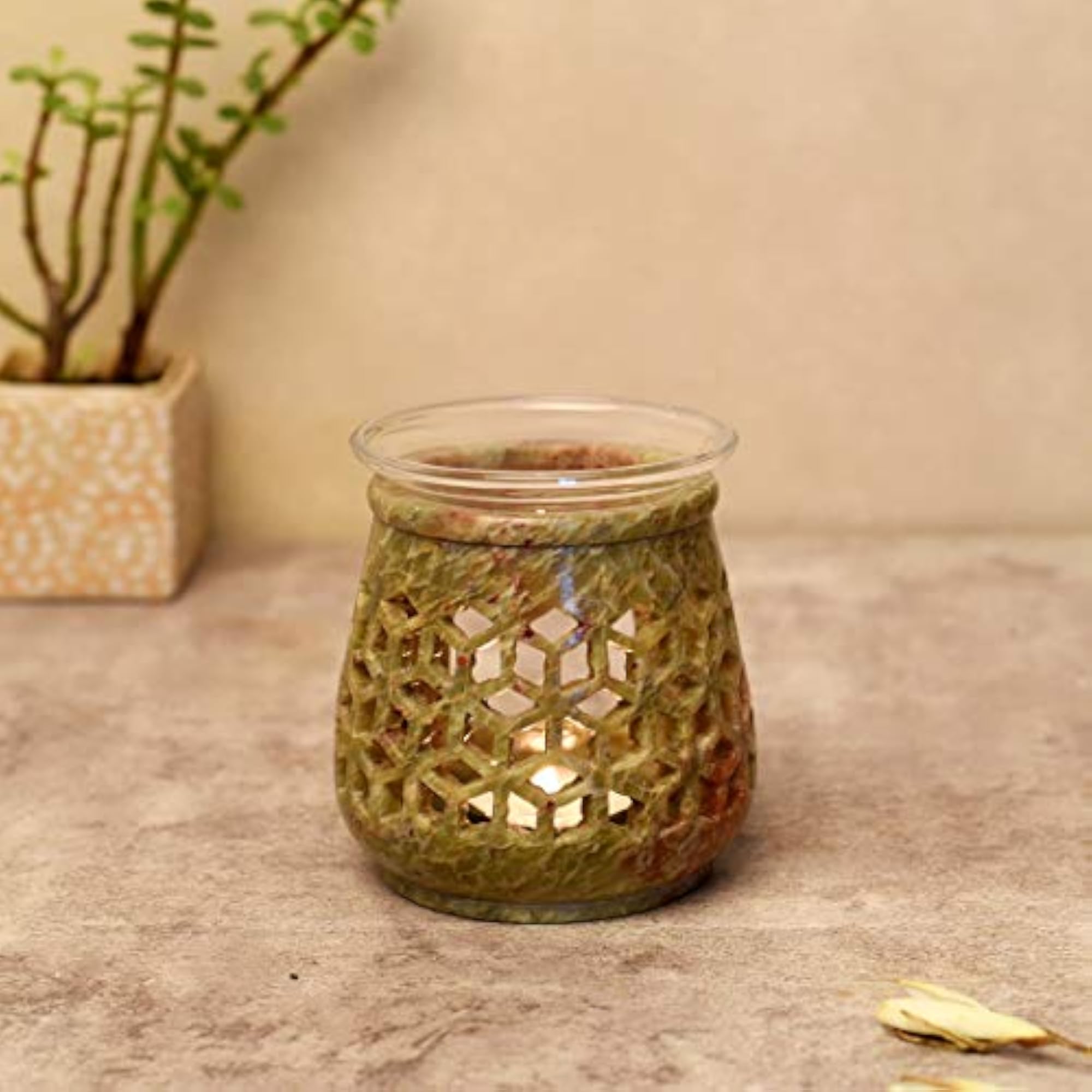Handcarved Aroma Diffuser in Soap Stone, Olive Green