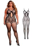 ohyeahlady Bodystocking Damen Sexy Ouvert Große Größen Reizwäsche Mollig Dessous Erotische Unterwäsche Curvy Catsuit Spitze Lingerie Netz Nachtwäsche Sleepwear mit Offen Schritt Schwarz L XXL